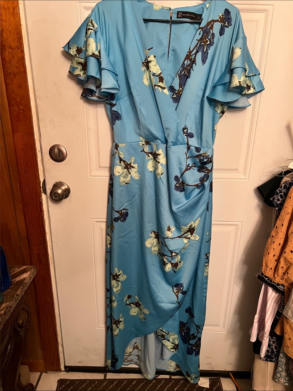 New York & Company Sky Blue Floral High-Low Wrap Dress